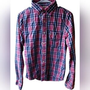 Hollister Pink Blue Plaid Button Down Shirt Men's Small Long Sleeve Casual Top